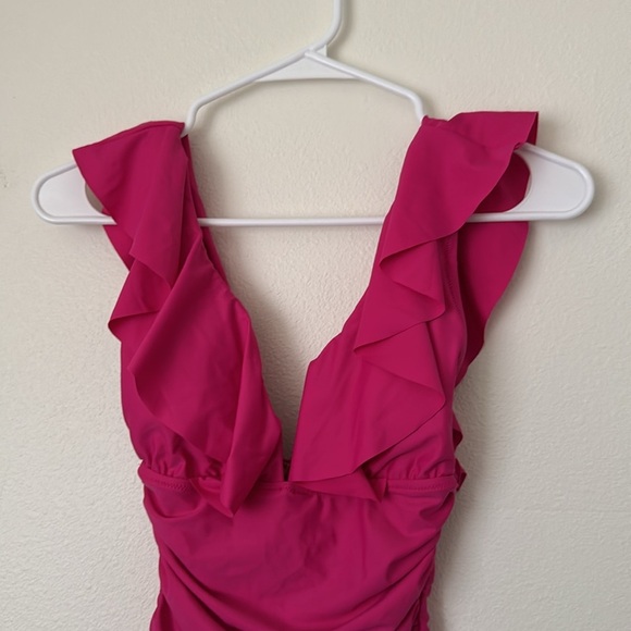 J. Crew Ruched ruffle one-piece swimsuit in Radiant Fuchsia - Picture 4 of 9